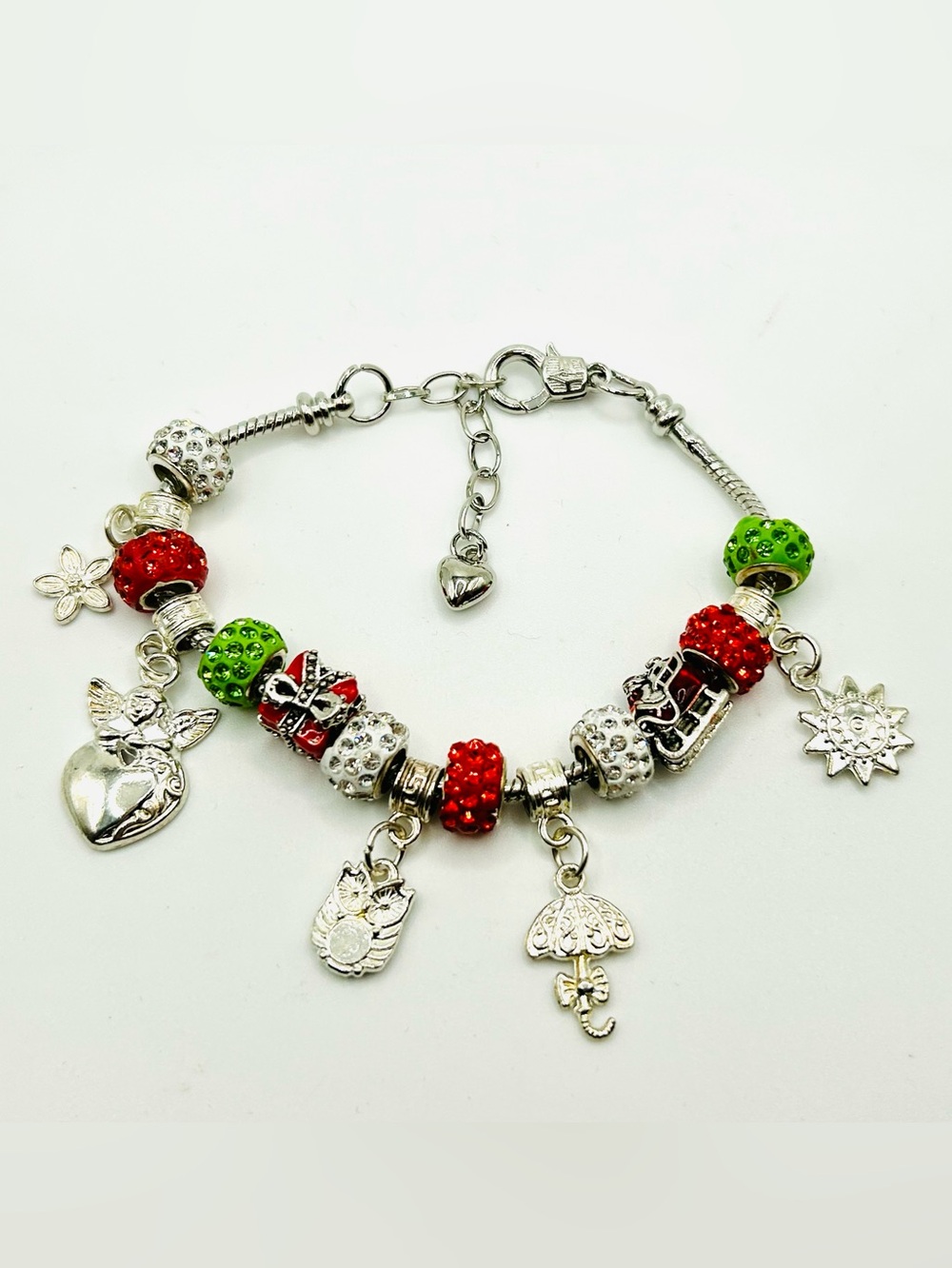 Sterling Silver Christmas Rhinestone Beaded Slider Charm Bracelet